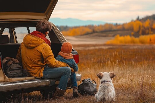 Man and child sitting on the open trunk of a car with dog nearby enjoying the autumn landscape with golden trees and distant mountains under cloudy sky - Powered by Adobe