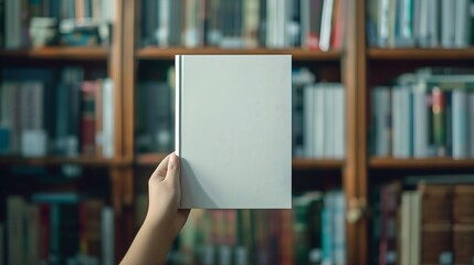 blank book cover in a woman's hand,blurry library shelf background,school,library