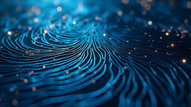 Hypnotic branching curves of silver circuit lines flowing like fractal rivers on deep blue electronic background.
