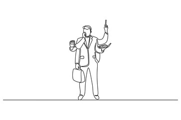 Continuous one line drawing of Businessman with multitasking. Single line drawing illustration of Businessman work with many hands. Management skill concept vector art. Doodle line illustration.
