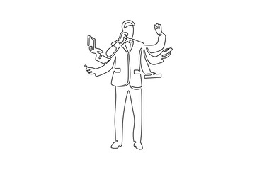 Continuous one line drawing of Businessman with multitasking. Single line drawing illustration of Businessman work with many hands. Management skill concept vector art. Doodle line illustration.