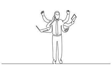 Continuous one line drawing of Businessman with multitasking. Single line drawing illustration of Businessman work with many hands. Management skill concept vector art. Doodle line illustration.