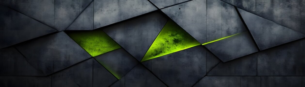 Abstract geometric pattern of dark gray triangles with lime green accent.