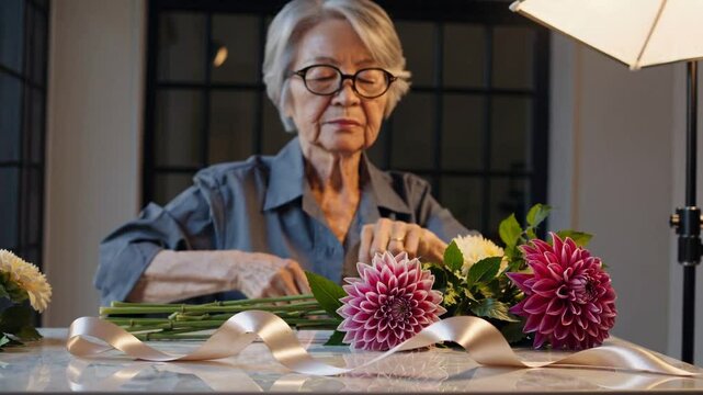 Focused senior artisan florist meticulously creating a vibrant floral arrangement
