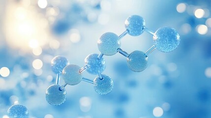 Close-up visualization of blue molecular structure with interconnected spheres representing atoms against a soft, glowing background, conveying a scientific and modern atmosphere