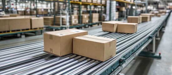 Obraz premium Close-up of multiple cardboard box packages moving along a conveyor belt in a warehouse