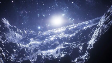 Fototapeta premium Icy Alien Planet Surface with Bright Star and Cosmic Sky
