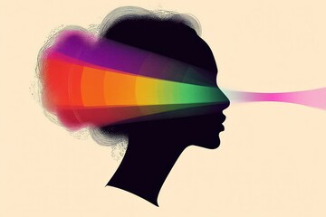 Silhouette of a human head with vibrant rainbow colors bursting from the brain area and converging into a focused beam from the eyes, symbolizing creativity and vision