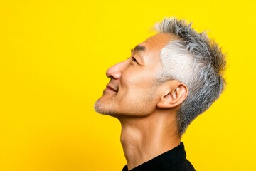 Obraz premium Trendy men's soft perm haircut - midlife asian man with short hair. Yellow solid background. Visual idea of style for aging men. A glowing man radiating happiness and confidence.