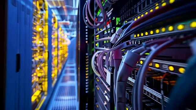 Detailed view of server room wiring with vibrant lights and colorful cables.