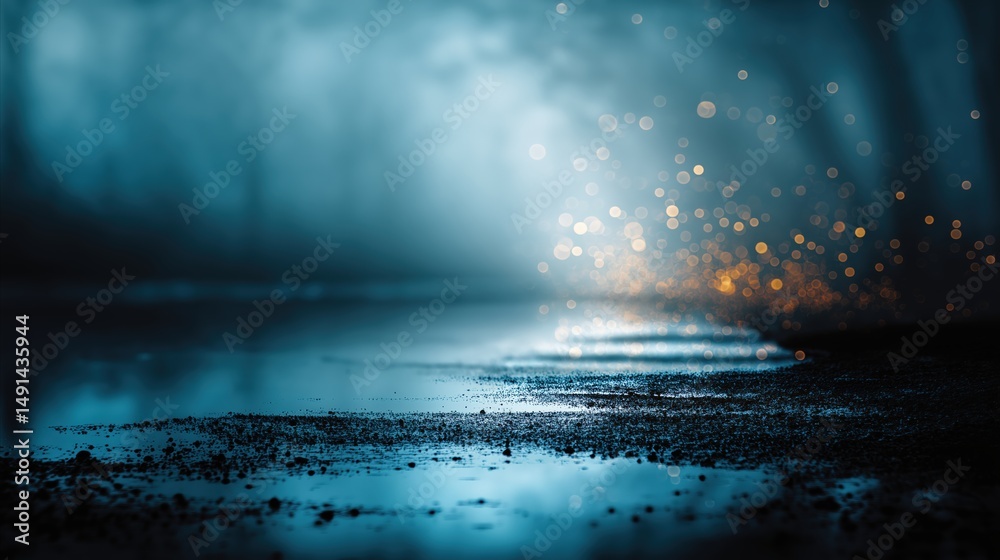 Poster wet asphalt reflecting mysterious golden bokeh lights in a dark forest