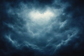 Dark stormy cloudy sky with a bright light opening in the center, creating a dramatic and mysterious atmosphere