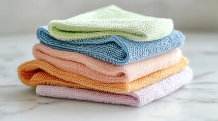 Stack of neatly folded microfiber cleaning cloths in various colors on a white marble surface