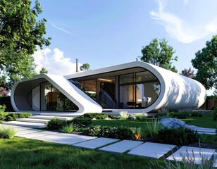 Modern Curved House Architectural Marvel in Green Landscape.