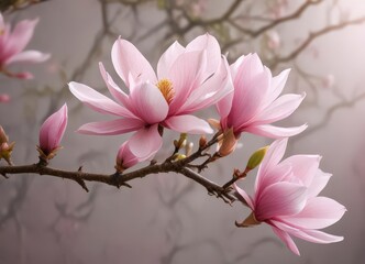 Delicate pink magnolia blossoms on a branch against a blurred background , texture, floral photography