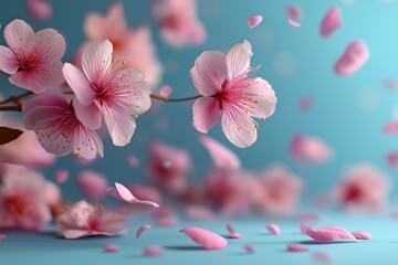 Pink cherry blossoms falling on turquoise background