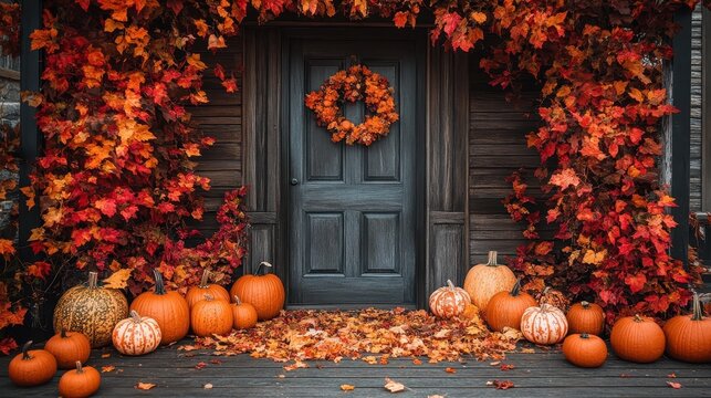 Pumpkins and leaves decorate the door of a wood house with a fall wreath. It is perfect for autumn, Thanksgiving or Halloween themed designs.