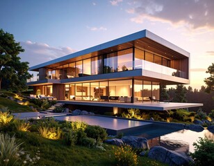 Modern Dream Home Luxury Villa with Pool at Sunset.