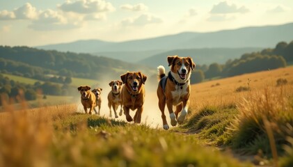 A pack of hounds in full cry, pursuing a scent across a rolling countryside , energy, vibrant, british