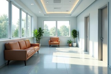 Fototapeta premium A sterile, modern doctor's office waiting room Clean lines, comfortable seating, and natural light , wellbeing, clean