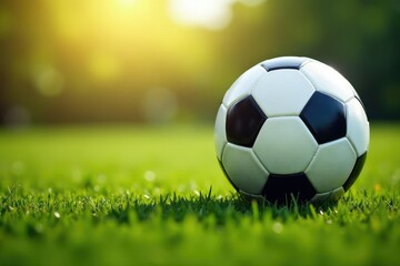 Close-up of a soccer ball in motion, grass background , stripes, white, summer