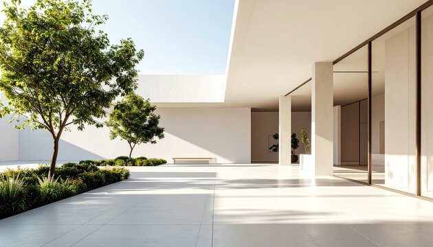 Modern Minimalist Courtyard Oasis Sunlight Greenery.