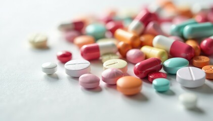 Close-up of various pills and capsules scattered on a white surface , detail, cure, treatment