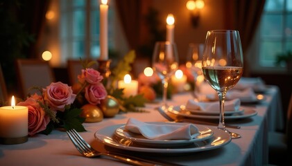 Elegant dinner party table setting with candles, silverware, and wine glasses , upscale, decor, home decor