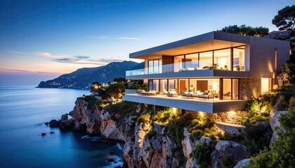 Cliffside Dreams Modern villa overlooking Mediterranean sea at twilight.
