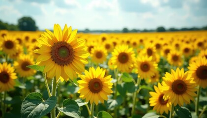 Fototapeta premium Endless field of vibrant sunflowers in full bloom, bathed in sunlight , growth, golden hour
