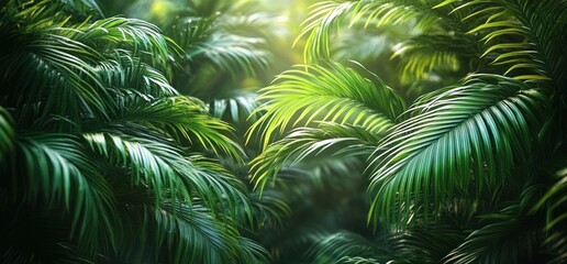 Fototapeta premium Close-up of lush green palm leaves with sunlight filtering through, creating a vibrant and serene tropical forest atmosphere