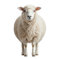 Fototapeta premium Front view of a white Merino sheep isolated on white background, realistic close-up with dense wool and calm expression, ideal for farming, agriculture, livestock, and rural lifestyle concepts