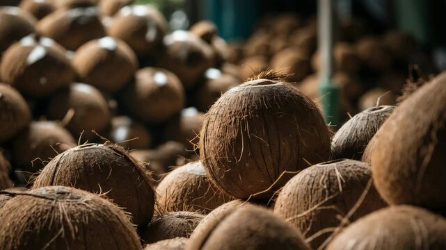 Batch of coconuts at a market. Several coconut parts for manufacturing. Focus specified.