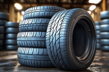 Obraz premium Stack of used car tires with visible tread patterns in a dimly lit garage or workshop environment
