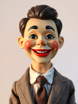 smiling vintage ventriloquist dummy doll wearing suit and tie against white background
