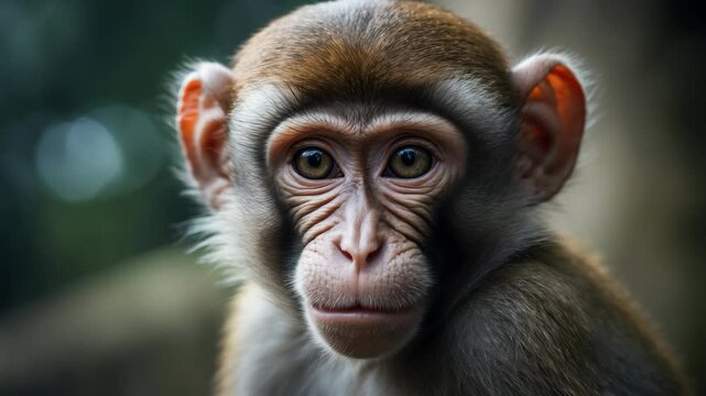 A monkey's portrait set against an out-of-focus backdrop.