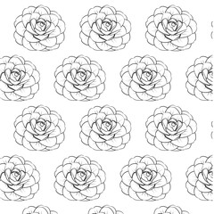 Camellia flower Seamless Pattern Hand drawn vector line art, Black and White Flower isolated in white. Beautiful design for textile, wallpaper, wrapping paper and backgrounds