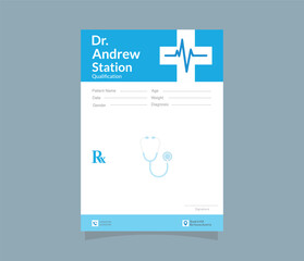 A doctor's prescription pad with name andrew station and a stethoscope graphic on a blue and white paper © LailaArtworks