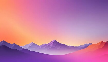 A stylized landscape image displays a serene mountain range bathed in a colorful pastel sunset glow