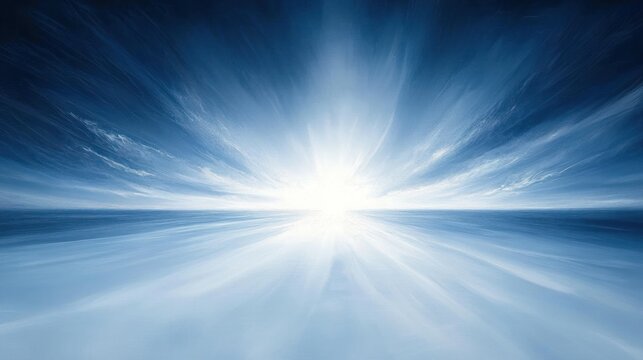 Expansive bright blue sky with radiating white light beams over calm reflective water creating a serene and uplifting atmosphere