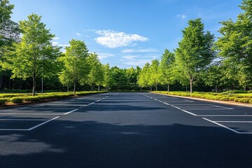 Naklejka premium Empty parking lot lined with bright green trees under a clear blue sky with scattered clouds on a sunny day