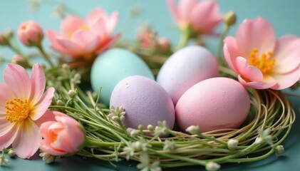 Fototapeta premium Pastel-colored Easter eggs nestled in a spring flower arrangement Soft, delicate colors and textures , painted eggs, flower arrangement, pastel bunny