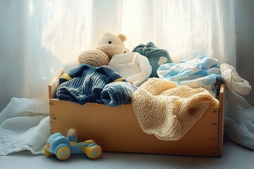 Wooden box filled with soft knitted baby clothes and stuffed toys with a small blue toy car in front, bathed in gentle natural light from a window