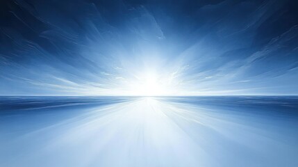 Radiant sunrise or sunset over a calm ocean horizon with soft clouds and reflective water creating a serene and peaceful atmosphere