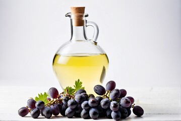 Pure Grape Seed Oil in Glass Bottle with Fresh Grapes and Green Leaves on white Table