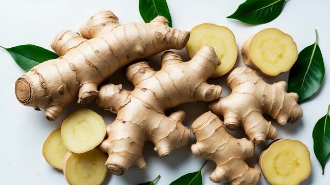 Overhead arrangement of Fresh ginger tuber with cut pieces.