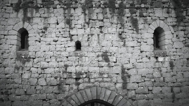 gray monochrone texture of an anciant old castle wall with little windows embrasures