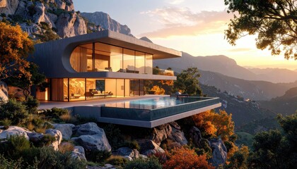 Obraz premium Cliffside Dream Modern House Overlooking Mountain Sunset View.