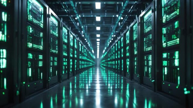 Wide view of a data center corridor filled with rack servers and supercomputers for data processing and storage