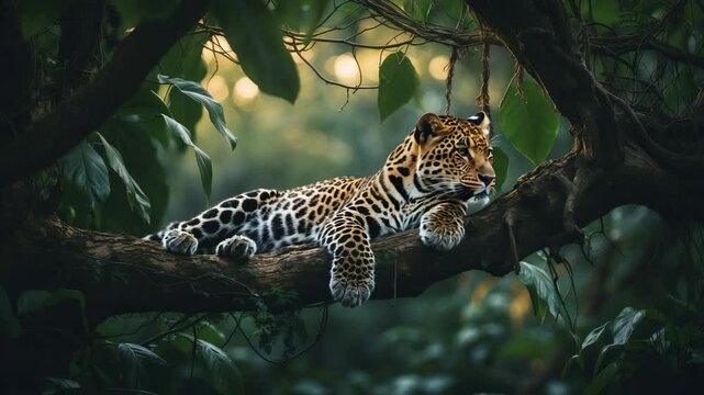 Sri Lankan leopard lounging on a tree, surrounded by dense vegetation.